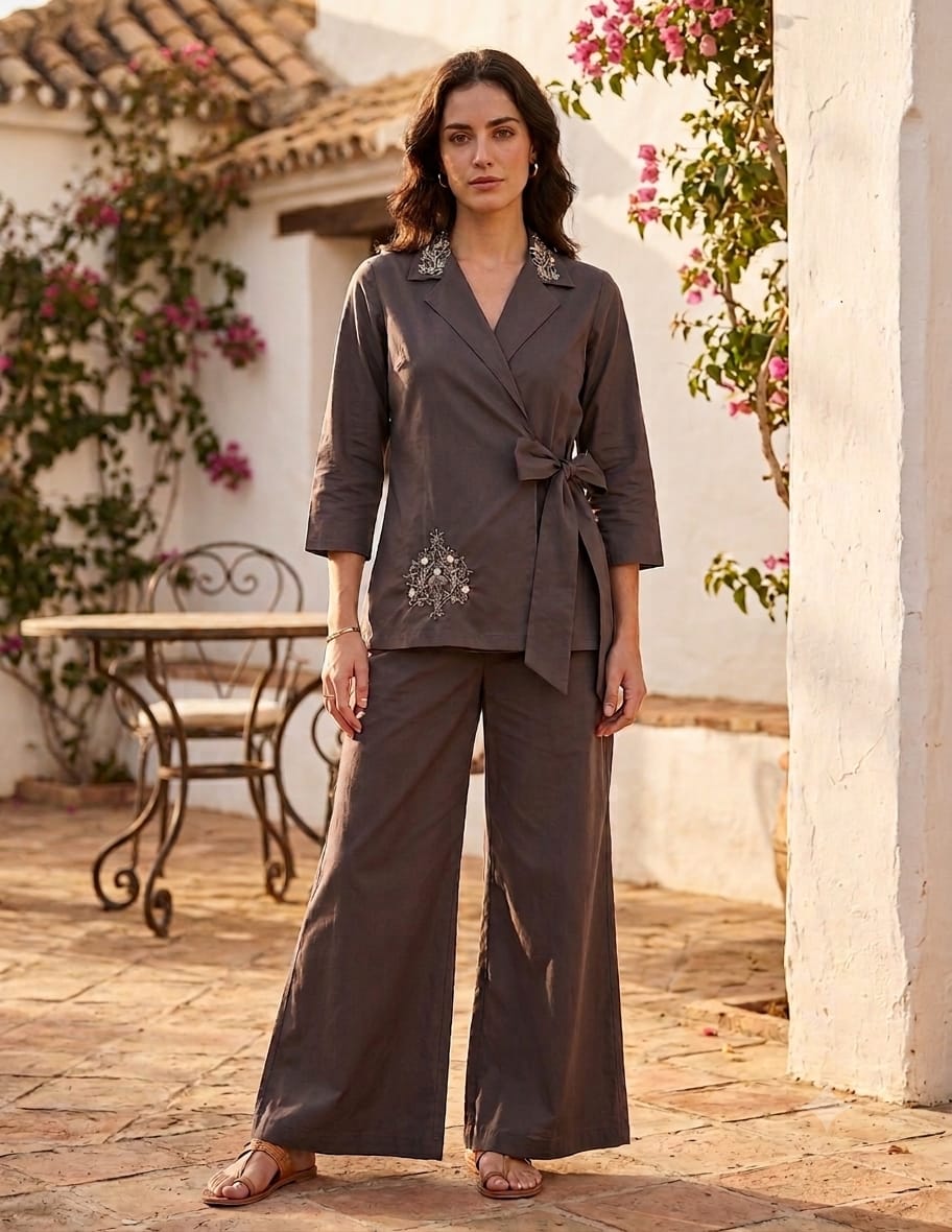 Women's Luxe Cocoa Brown Embroidered Wrap Coat & Wide-Leg Trouser Co-ord Set