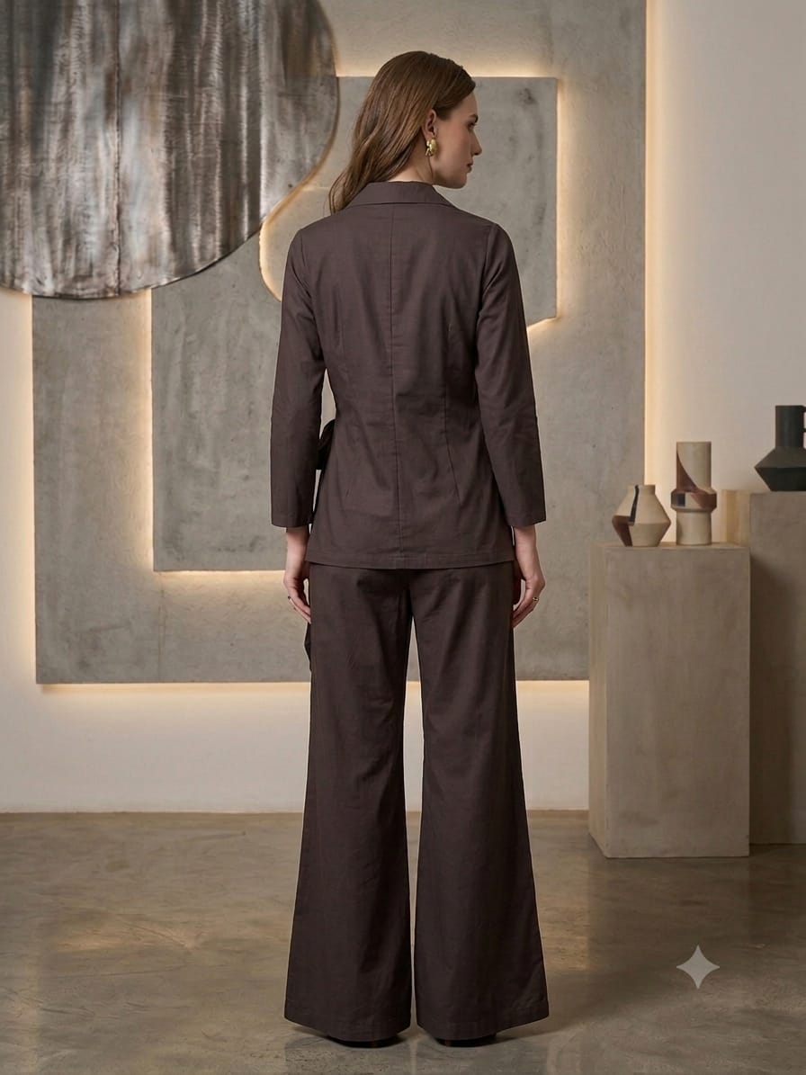 Women's Luxe Cocoa Brown Embroidered Wrap Coat & Wide-Leg Trouser Co-ord Set