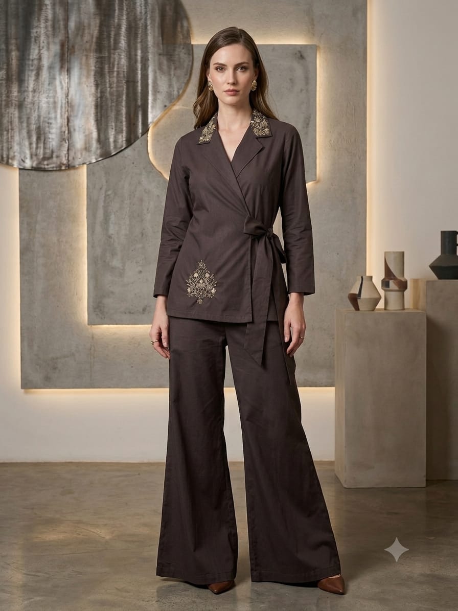 Mom & Daughter Mocha Brown Embroidered Wrap Coat & Wide-Leg Trouser Matching Co-ord Set
