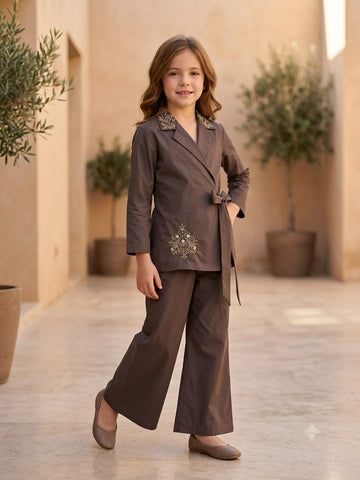Girl's Luxe Cocoa Brown Embroidered Wrap Coat & Wide-Leg Trouser Co-ord Set