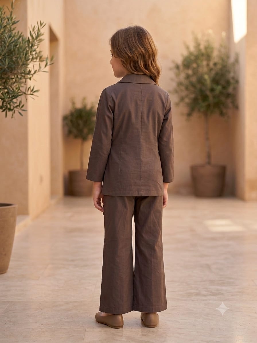 Girl's Luxe Cocoa Brown Embroidered Wrap Coat & Wide-Leg Trouser Co-ord Set