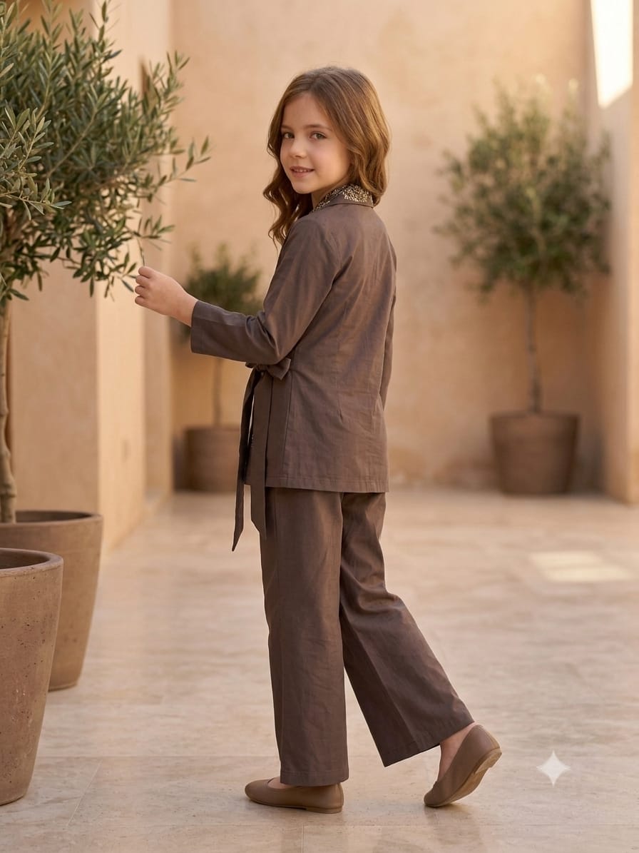 Girl's Luxe Cocoa Brown Embroidered Wrap Coat & Wide-Leg Trouser Co-ord Set
