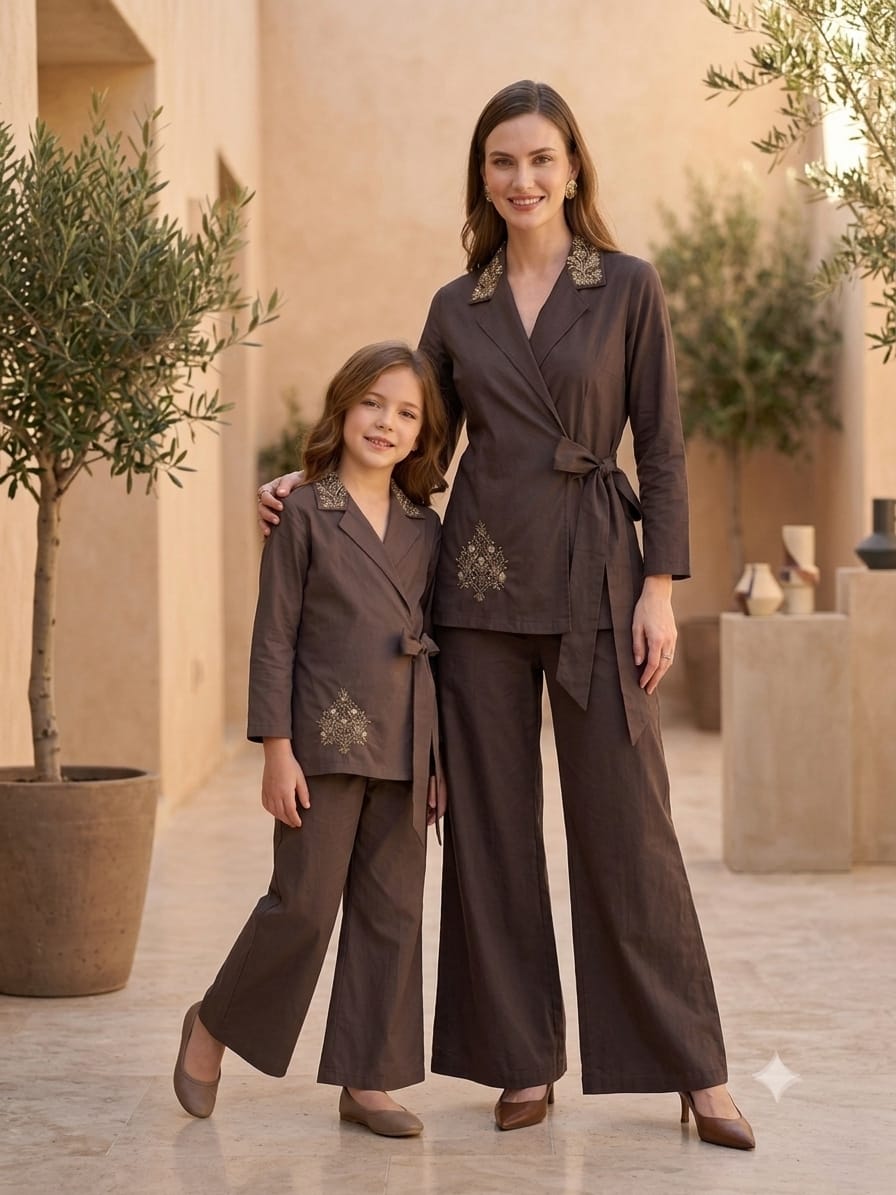Mom & Daughter Mocha Brown Embroidered Wrap Coat & Wide-Leg Trouser Matching Co-ord Set