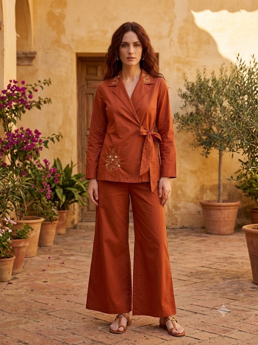 Women's Luxe Rust Orange Embroidered Wrap Coat & Wide-Leg Trouser Co-ord Set