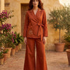 Women's Luxe Rust Orange Embroidered Wrap Coat & Wide-Leg Trouser Co-ord Set