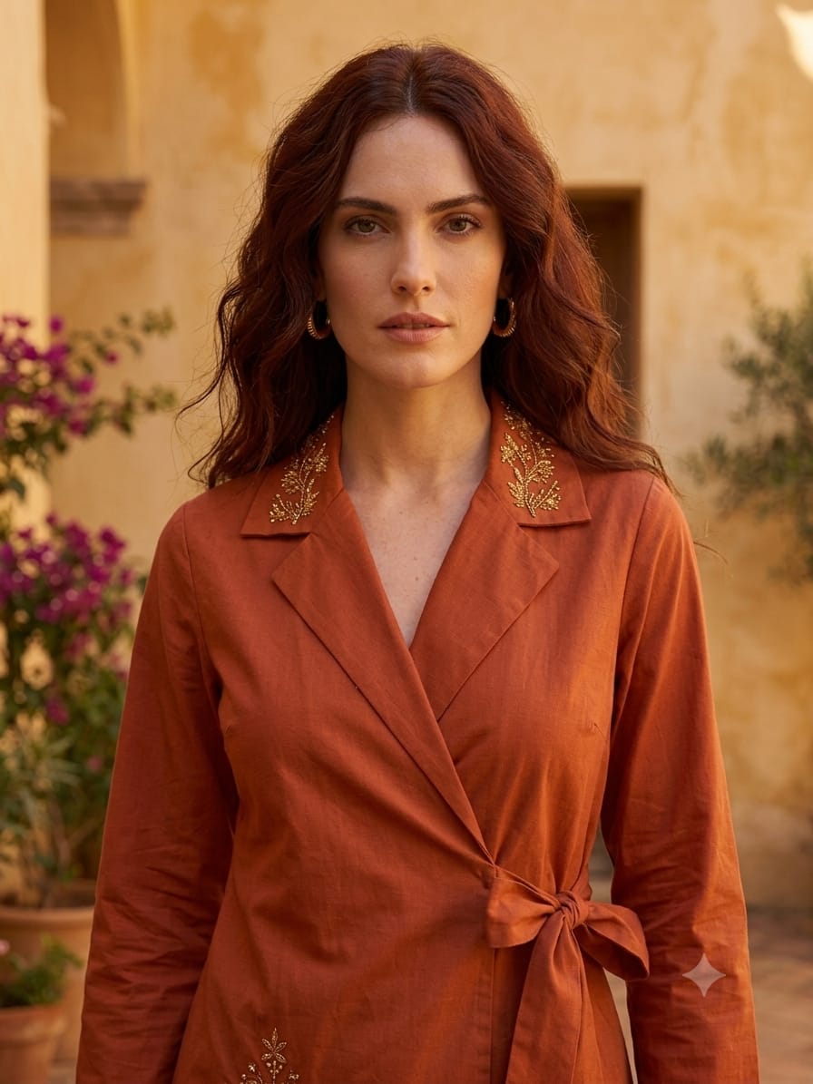Women's Luxe Rust Orange Embroidered Wrap Coat & Wide-Leg Trouser Co-ord Set