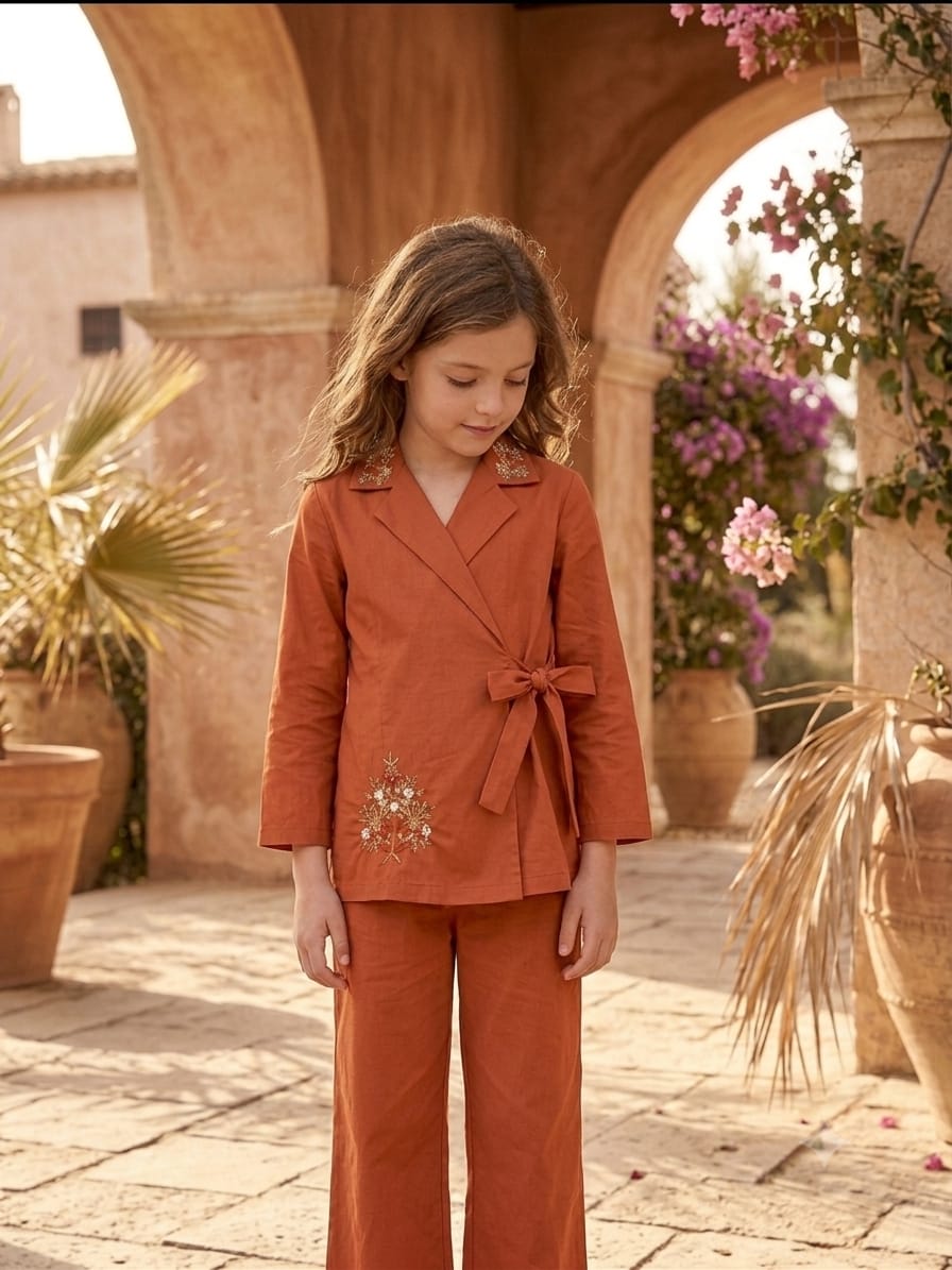 Girl's Luxe Rust Orange Embroidered Wrap Coat & Wide-Leg Trouser Co-ord Set