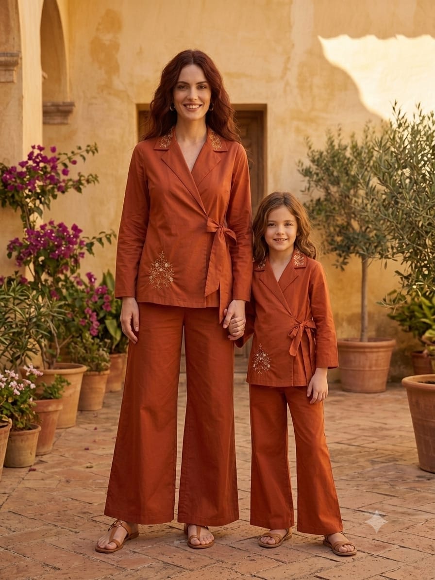 Mom & Daughter Rust Orange Embroidered Wrap Coat & Wide-Leg Trouser Matching Co-ord Set