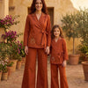 Mom & Daughter Rust Orange Embroidered Wrap Coat & Wide-Leg Trouser Matching Co-ord Set