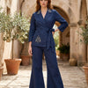 Women's Luxe Navy Blue Embroidered Wrap Coat & Wide-Leg Trouser Co-ord Set