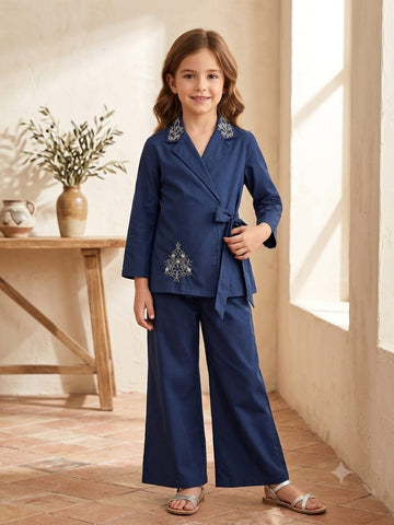 Girl's Luxe Navy Blue Embroidered Wrap Coat & Wide-Leg Trouser Co-ord Set