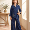 Girl's Luxe Navy Blue Embroidered Wrap Coat & Wide-Leg Trouser Co-ord Set
