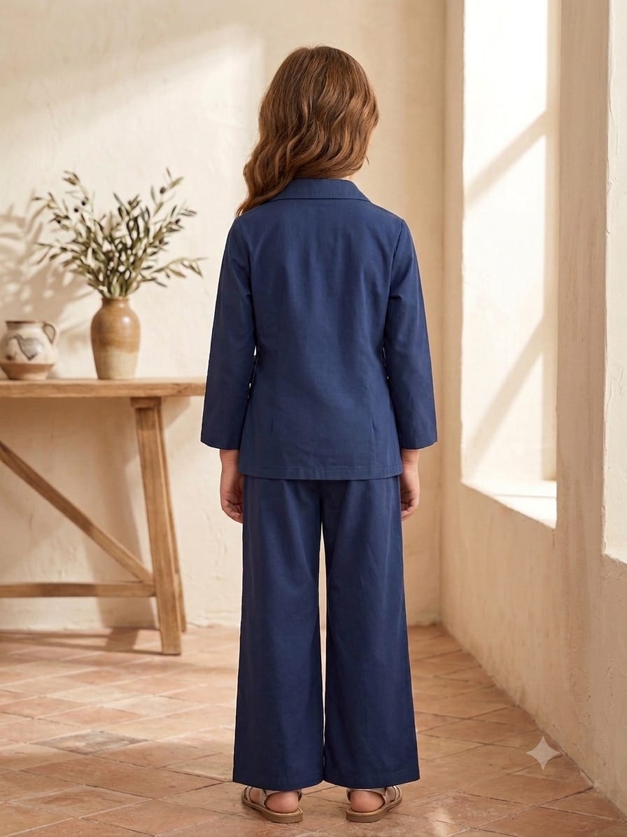 Girl's Luxe Navy Blue Embroidered Wrap Coat & Wide-Leg Trouser Co-ord Set