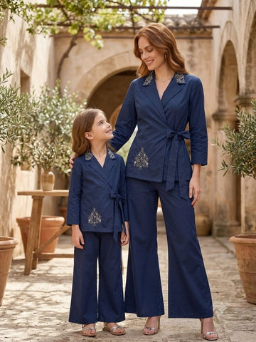 Mom & Daughter Navy Blue Embroidered Wrap Coat & Wide-Leg Trouser Matching Co-ord Set