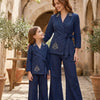 Mom & Daughter Navy Blue Embroidered Wrap Coat & Wide-Leg Trouser Matching Co-ord Set