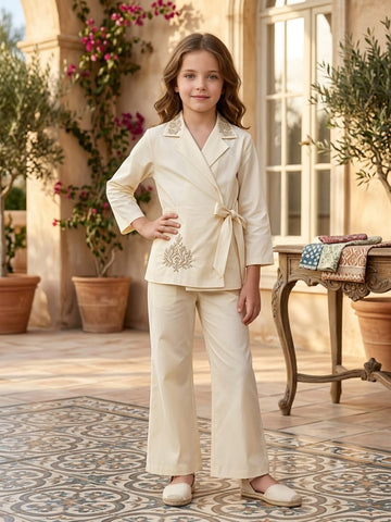 Girl's Luxe Ivory Embroidered Wrap Coat & Wide-Leg Trouser Co-ord Set