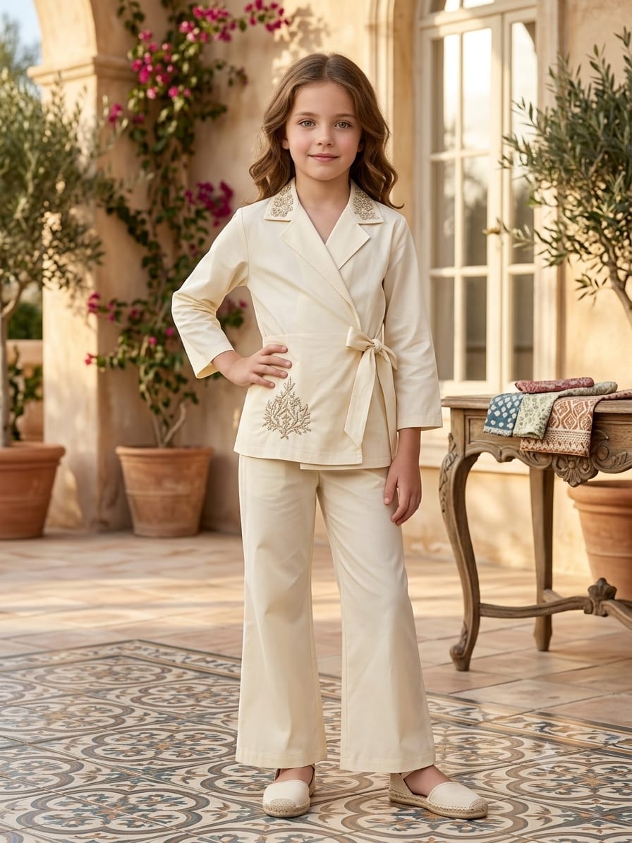 Girl's Luxe Ivory Embroidered Wrap Coat & Wide-Leg Trouser Co-ord Set