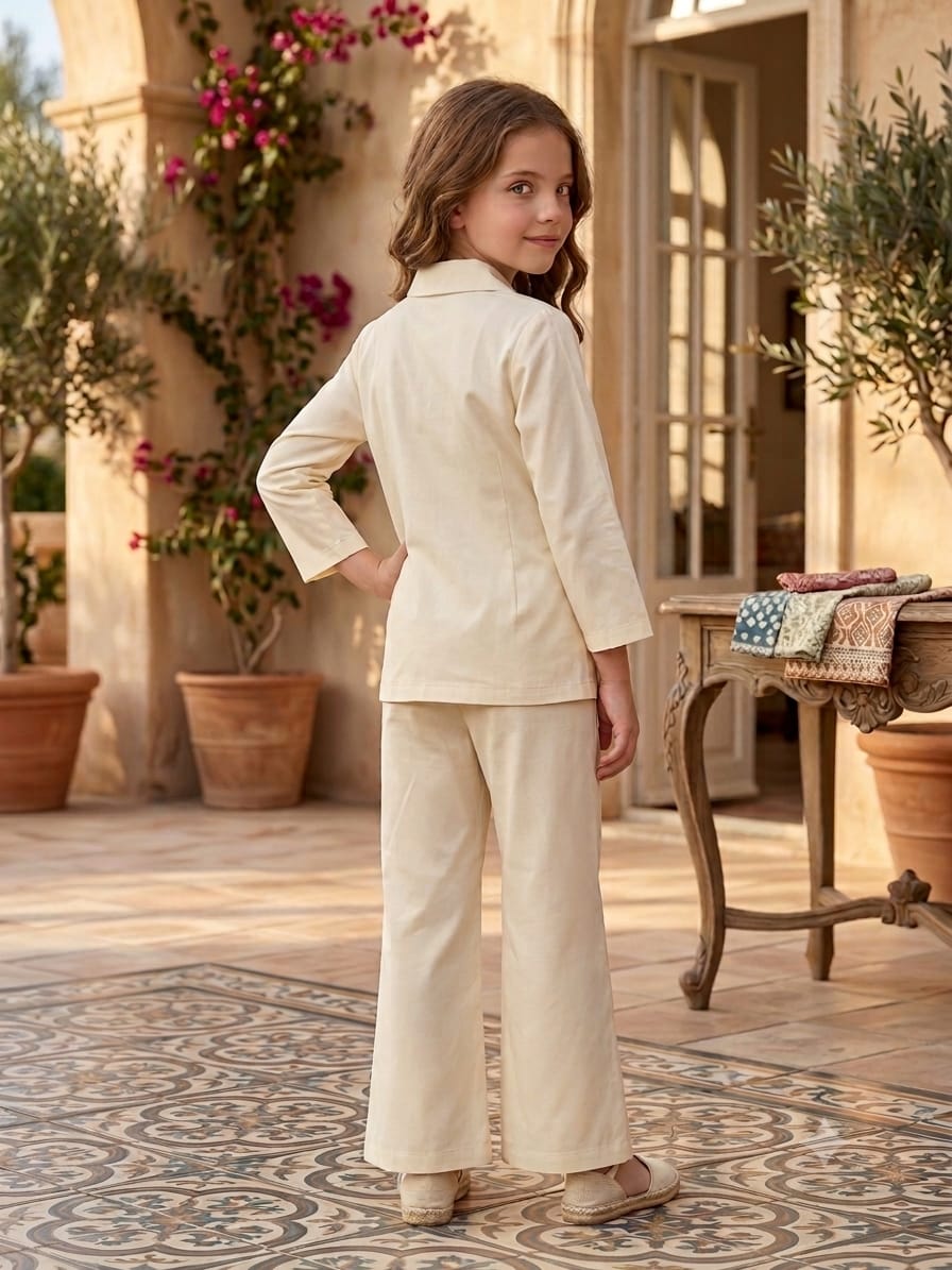 Girl's Luxe Ivory Embroidered Wrap Coat & Wide-Leg Trouser Co-ord Set