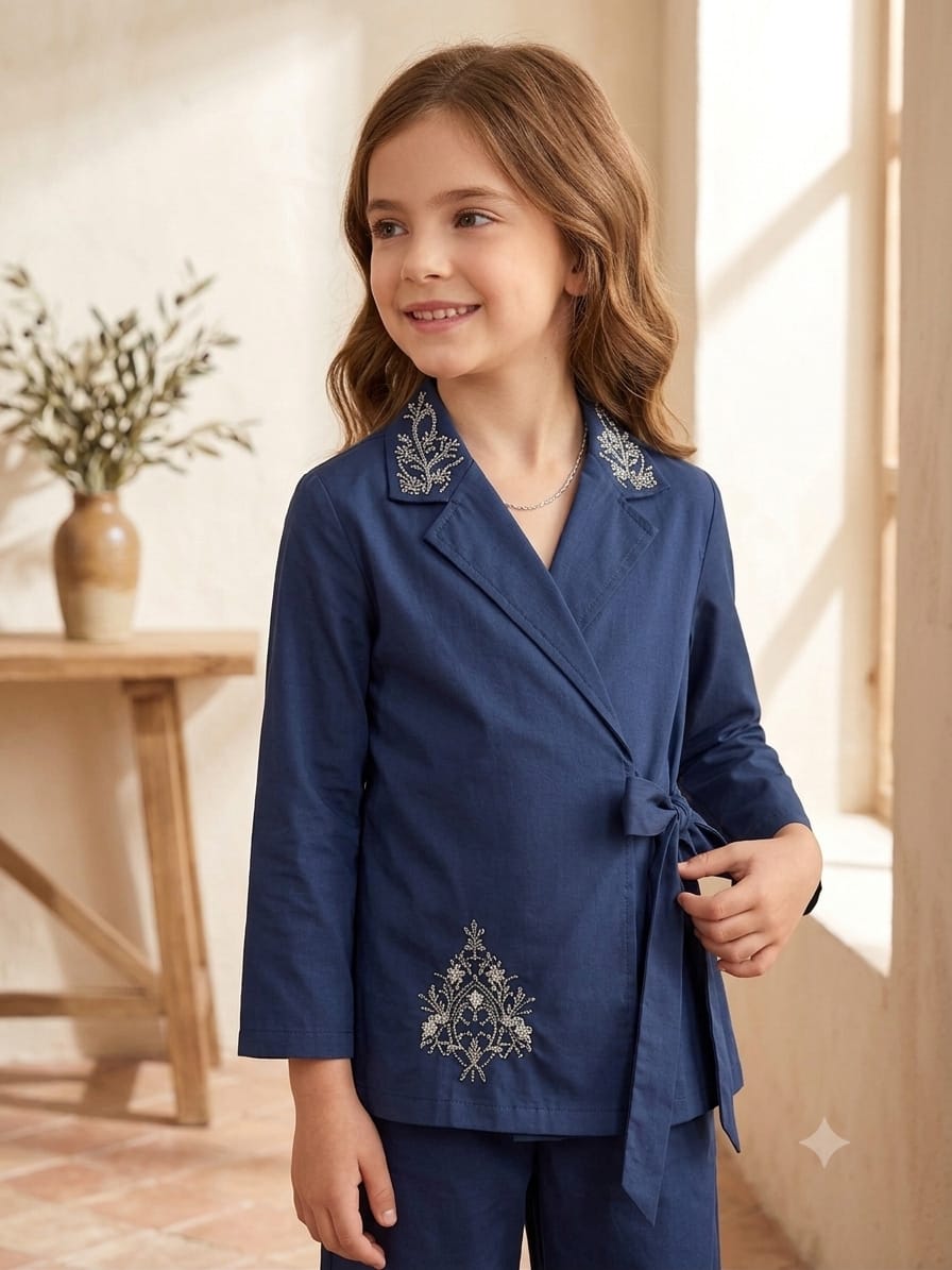 Mom & Daughter Navy Blue Embroidered Wrap Coat & Wide-Leg Trouser Matching Co-ord Set