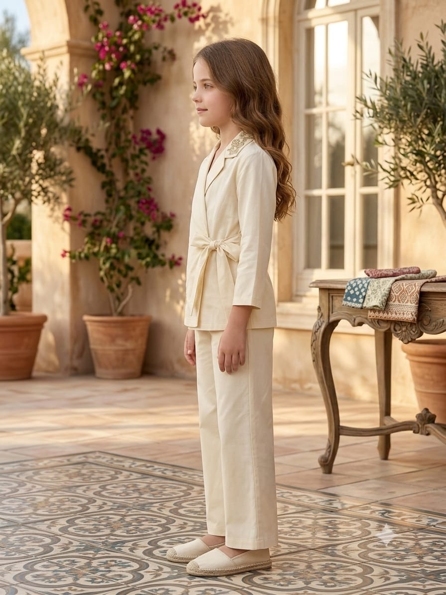 Girl's Luxe Ivory Embroidered Wrap Coat & Wide-Leg Trouser Co-ord Set