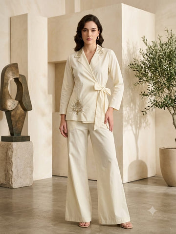 Women's Luxe Ivory Embroidered Wrap Coat & Wide-Leg Trouser Co-ord Set