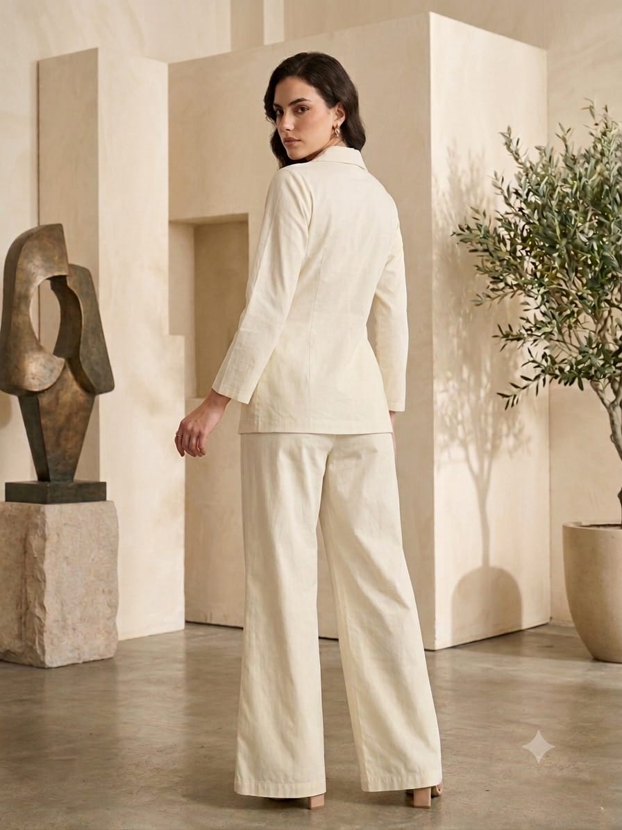 Women's Luxe Ivory Embroidered Wrap Coat & Wide-Leg Trouser Co-ord Set