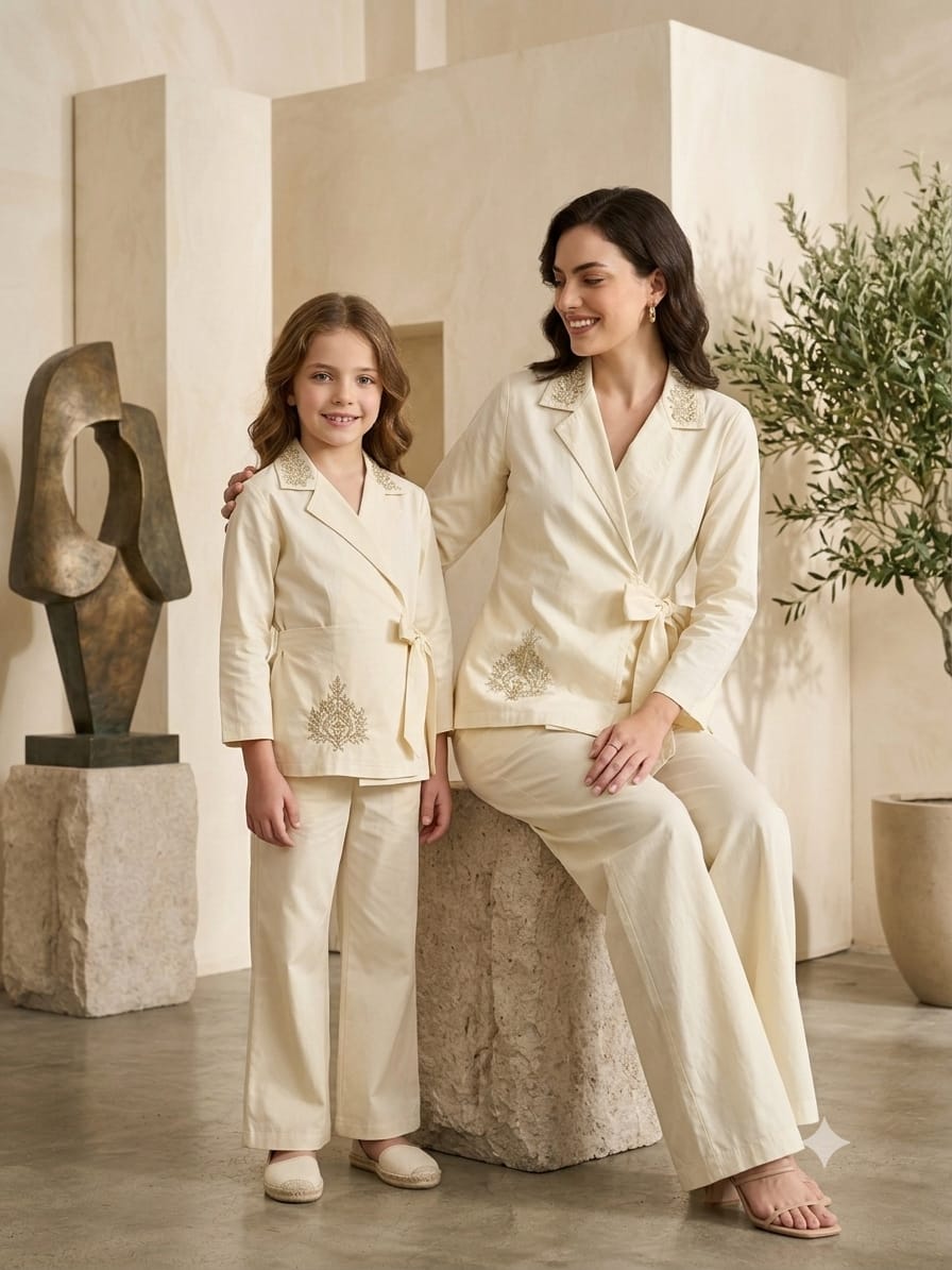 Mom & Daughter Ivory Embroidered Wrap Coat & Wide-Leg Trouser Matching Co-ord Set