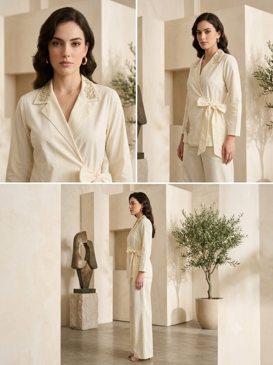 Mom & Daughter Ivory Embroidered Wrap Coat & Wide-Leg Trouser Matching Co-ord Set