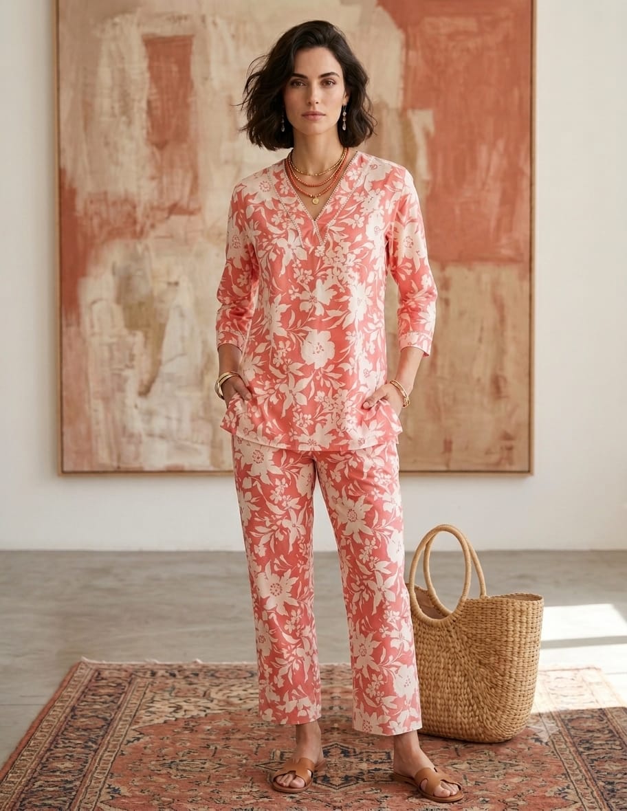 Peach Floral Printed Co-Ord Set with V-Neck Kurta & Straight Pants