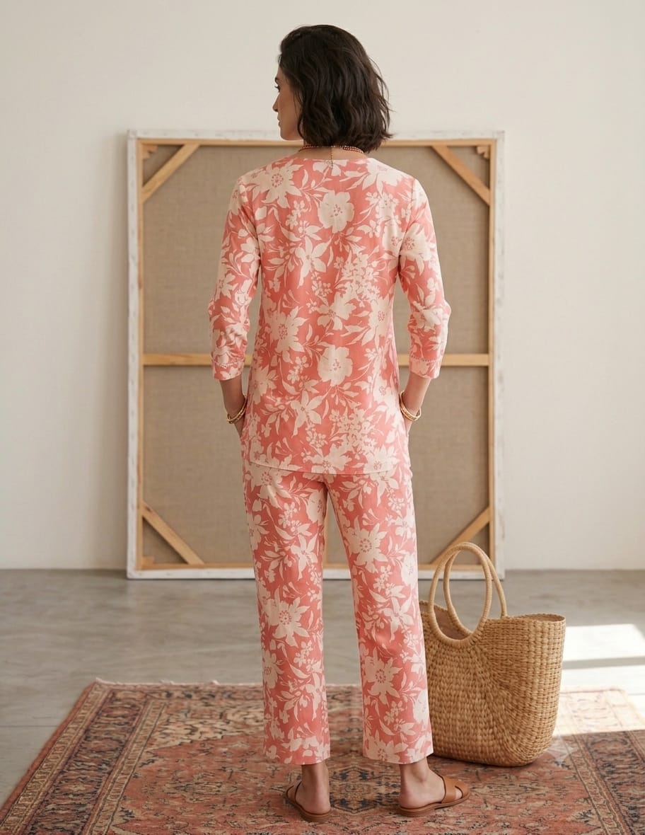 Peach Floral Printed Co-Ord Set with V-Neck Kurta & Straight Pants