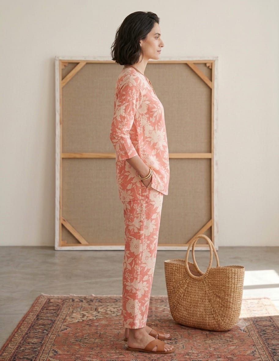 Peach Floral Printed Co-Ord Set with V-Neck Kurta & Straight Pants