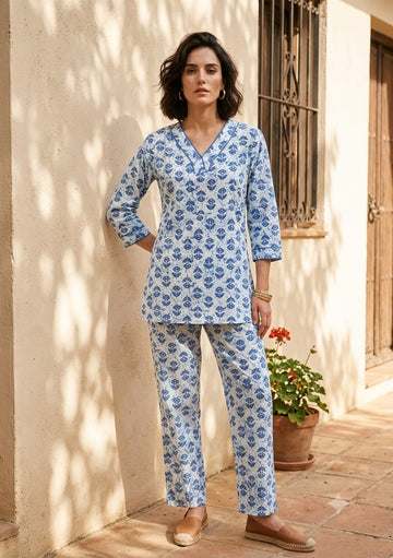 Blue & White Floral Printed Kurta with Straight Pants Co-Ord Set