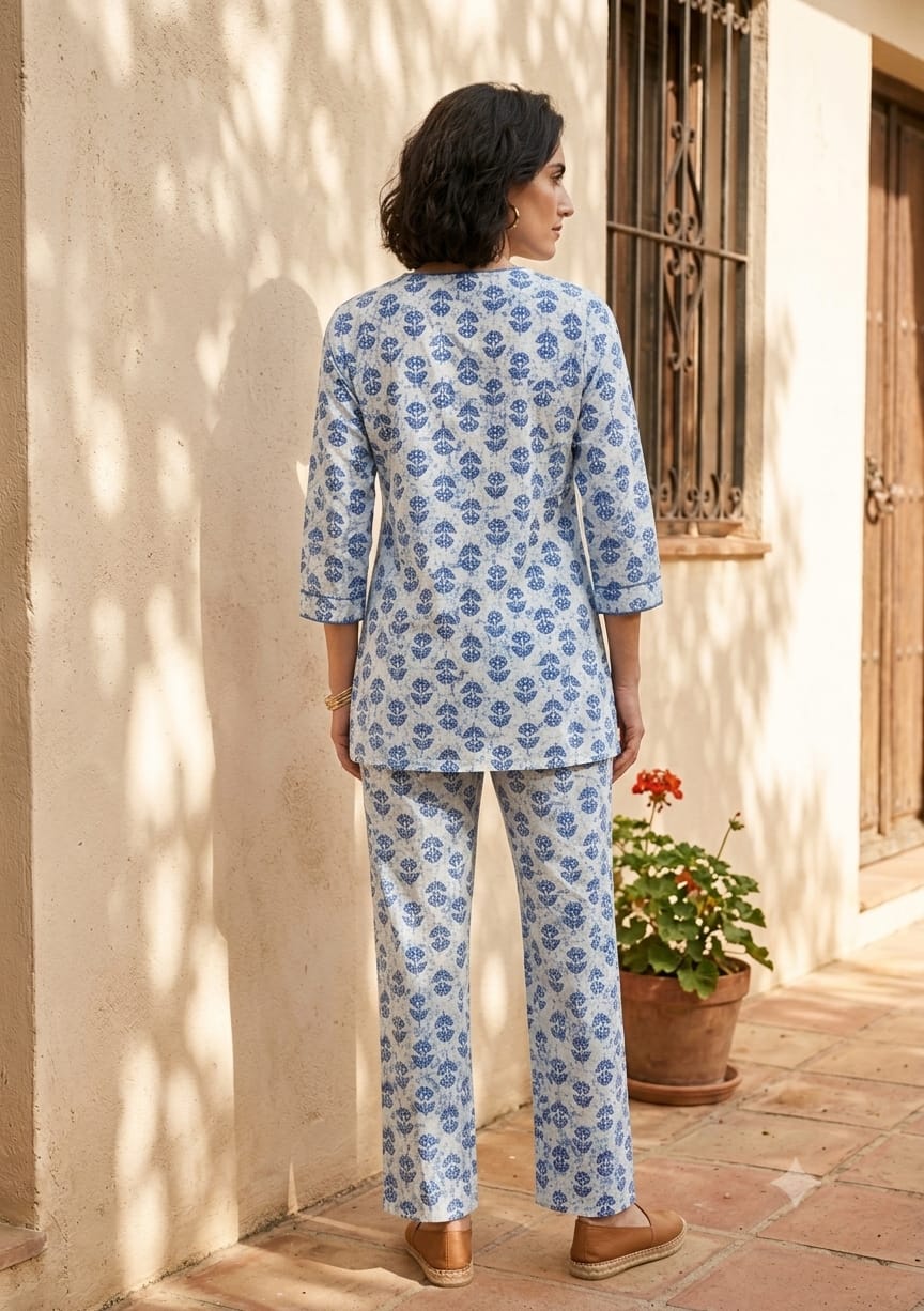 Blue & White Floral Printed Kurta with Straight Pants Co-Ord Set
