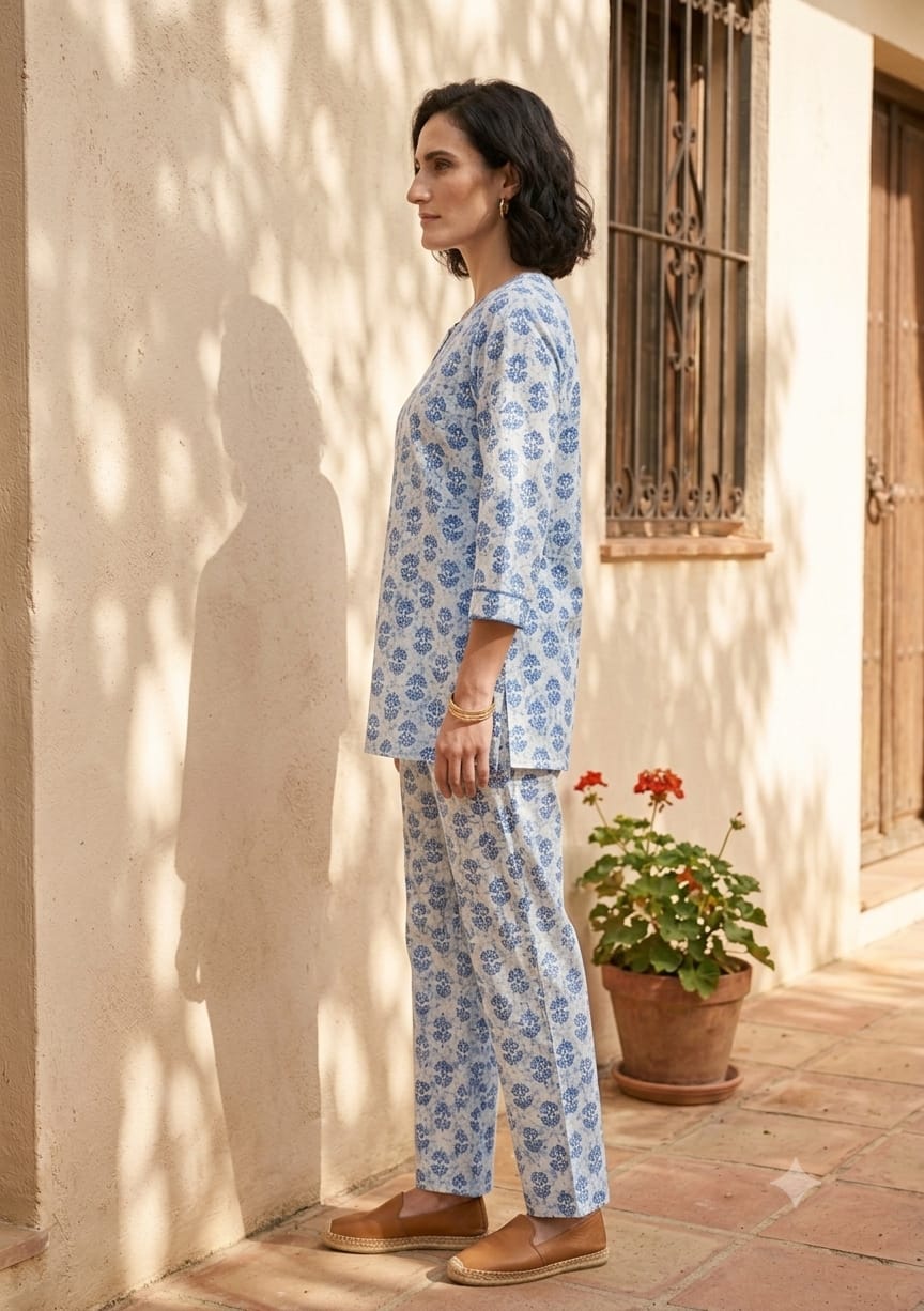 Blue & White Floral Printed Kurta with Straight Pants Co-Ord Set