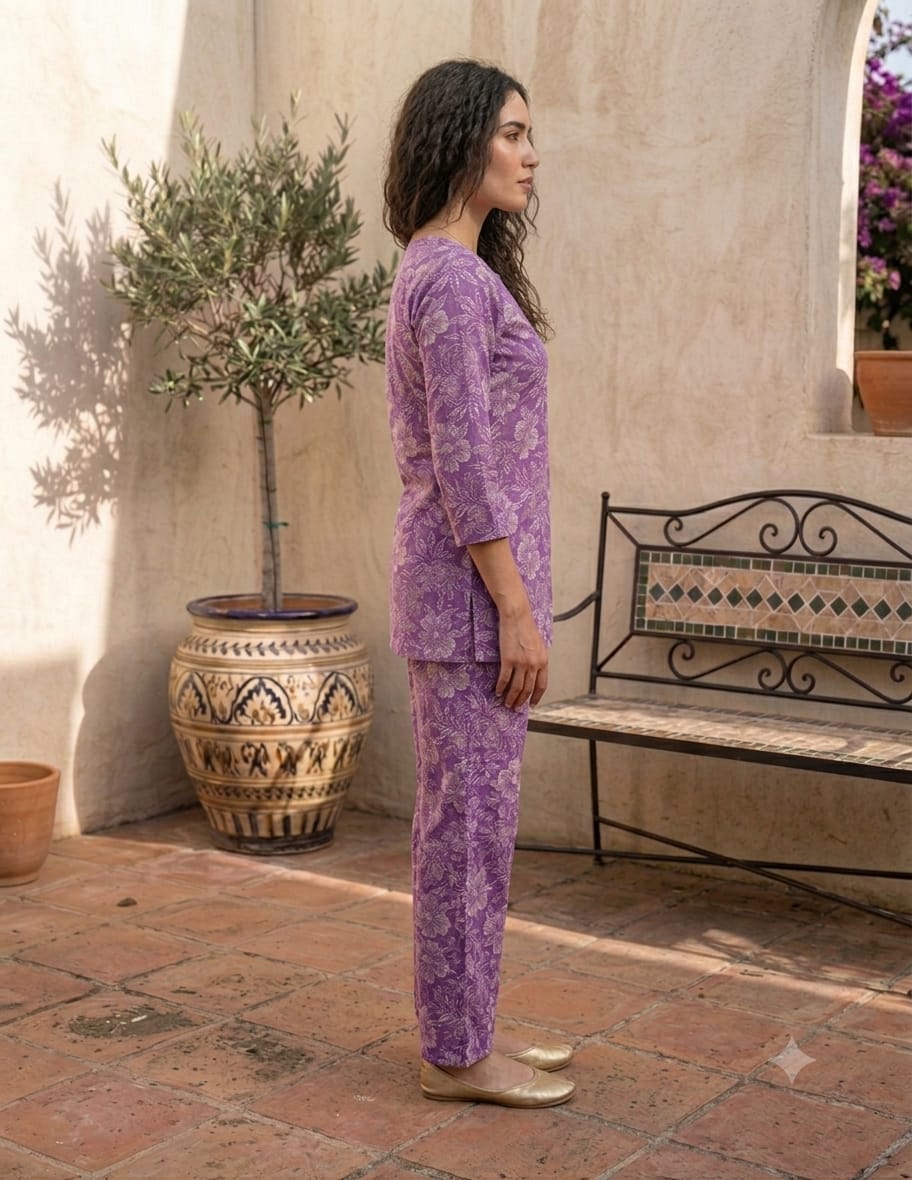 Purple Floral Printed Kurta with Wide-Leg Pants Co-Ord Set