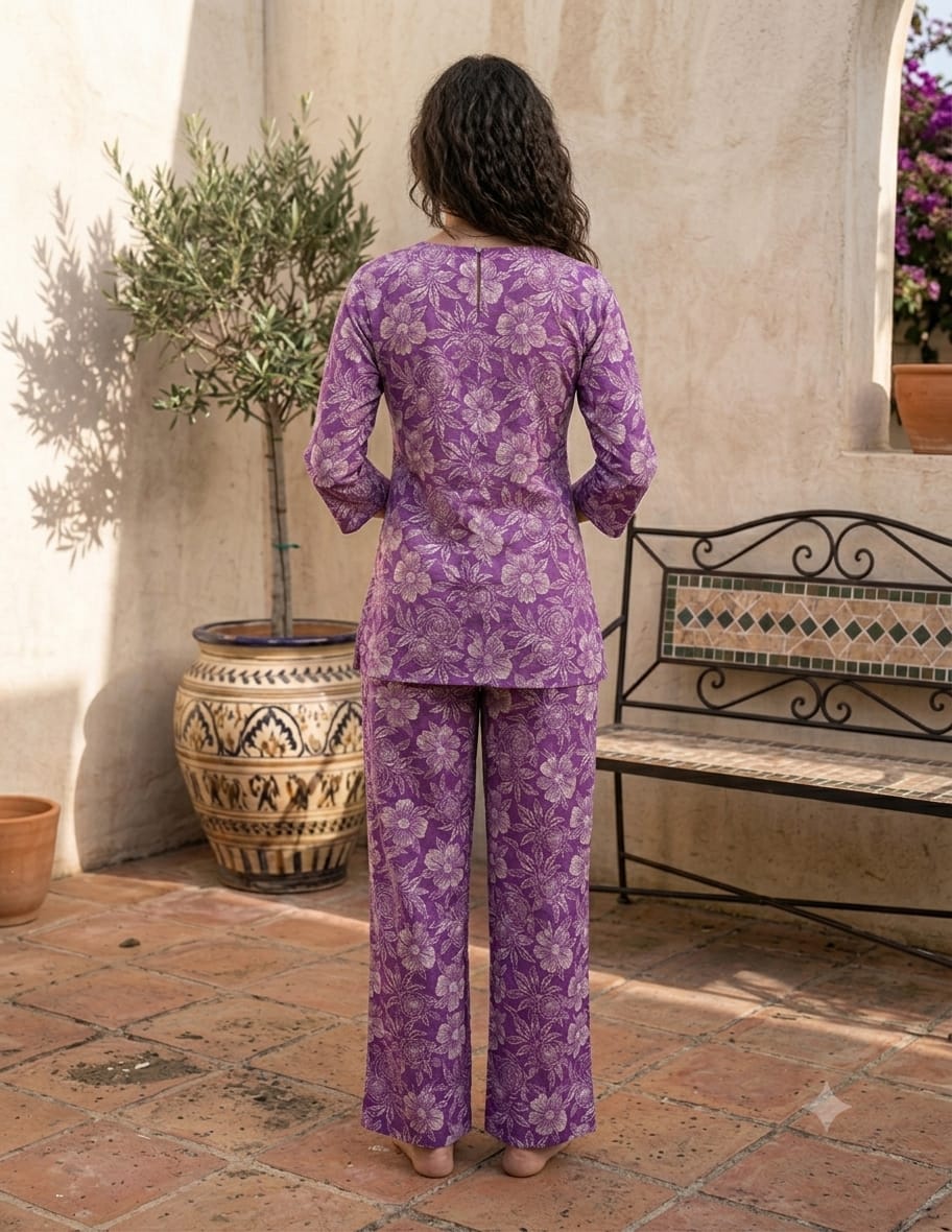 Purple Floral Printed Kurta with Wide-Leg Pants Co-Ord Set