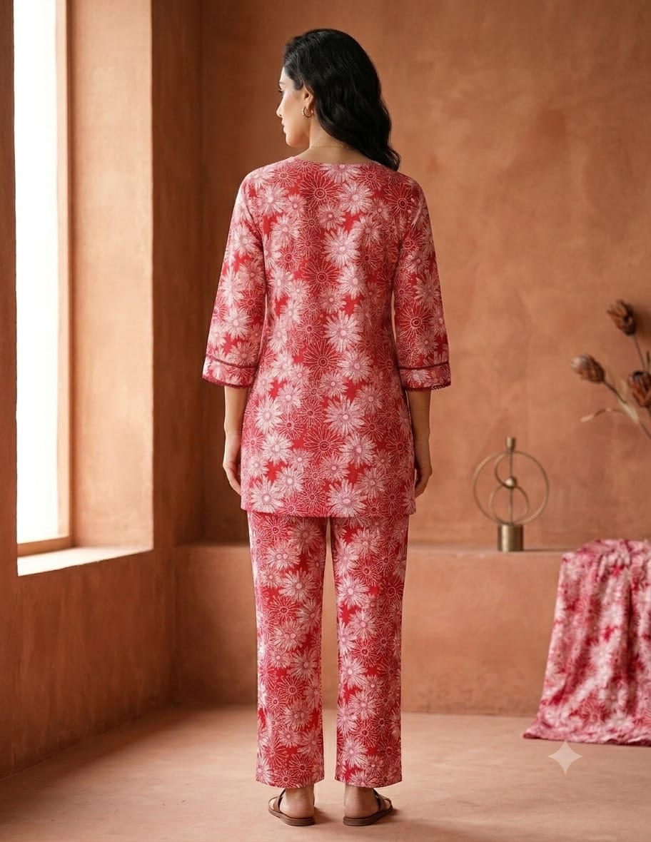 Red Floral Printed V-Neck Kurta with Straight-Leg Pants Co-Ord Set