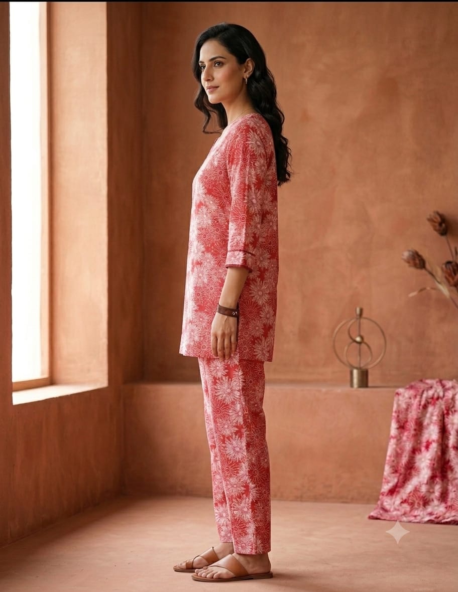 Red Floral Printed V-Neck Kurta with Straight-Leg Pants Co-Ord Set