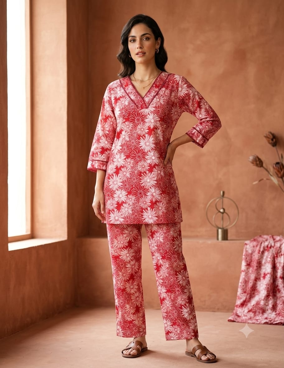 Red Floral Printed V-Neck Kurta with Straight-Leg Pants Co-Ord Set