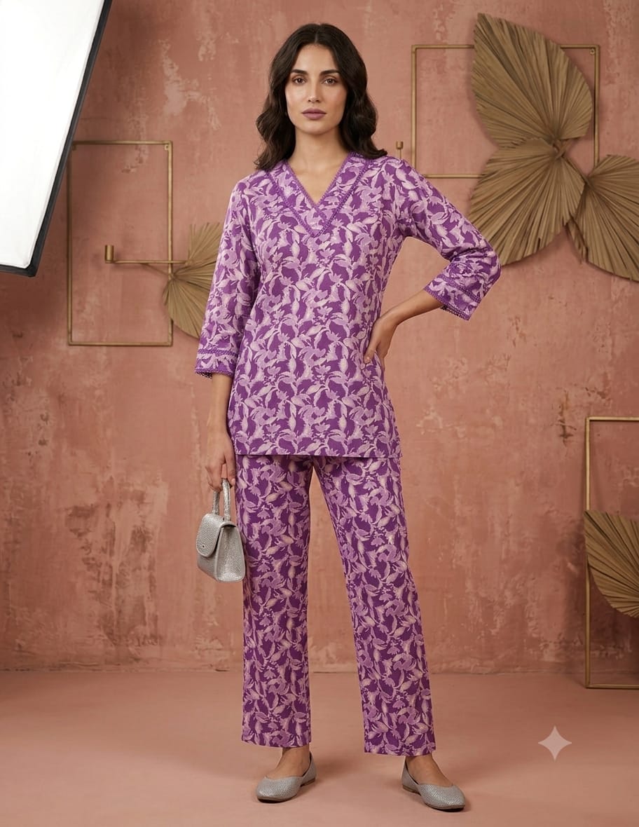 Purple Floral Printed V-Neck Kurta with Straight-Leg Pants Co-Ord Set