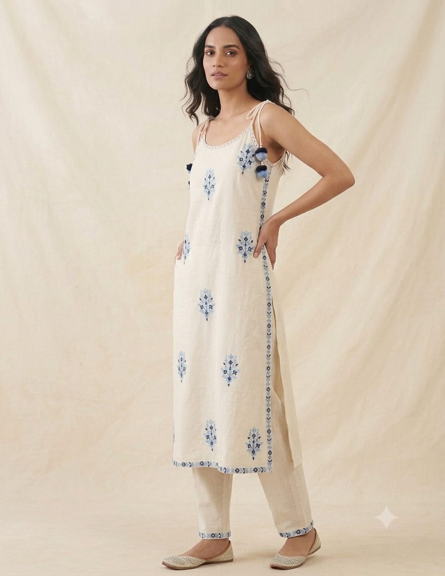 Women's Full embroidered kurti with lace work on kurta and pant and Handwork detailing on neck and tassels with pearl