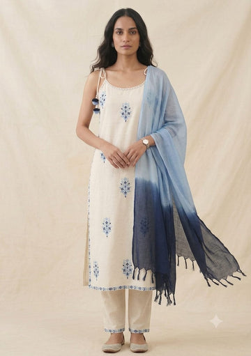 Women's Full embroidered kurti with lace work on kurta and pant and Handwork detailing on neck and tassels with pearl