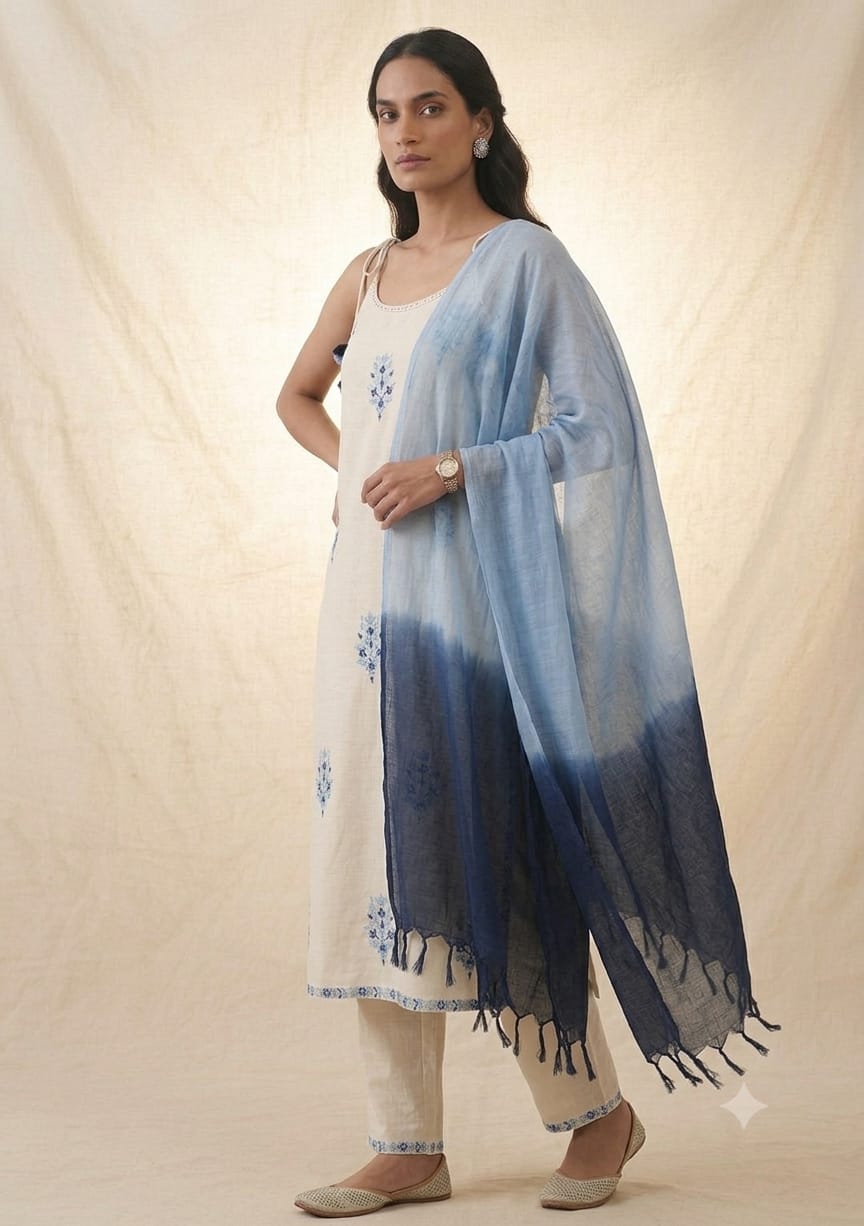 Women's Full embroidered kurti with lace work on kurta and pant and Handwork detailing on neck and tassels with pearl