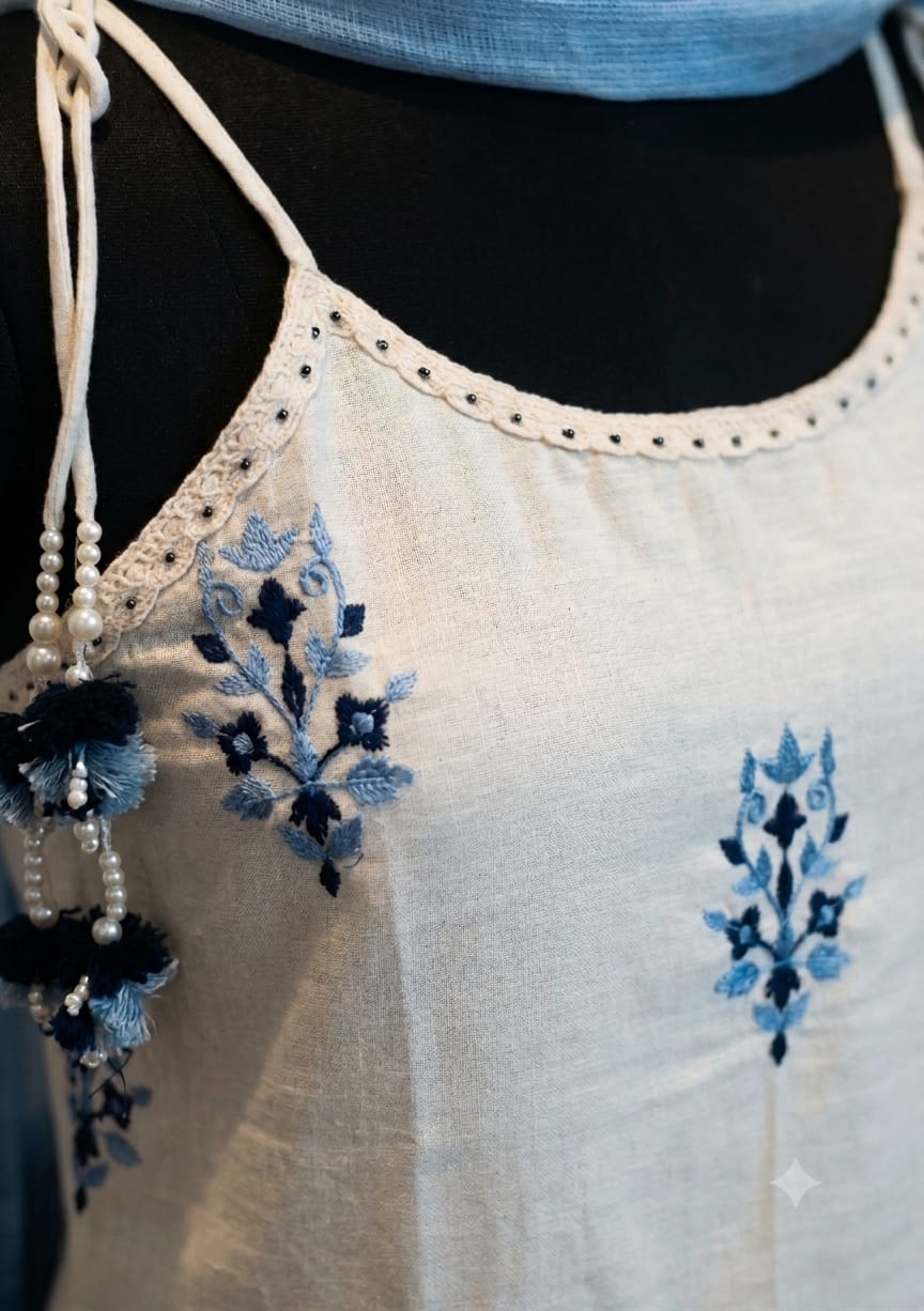 Women's Full embroidered kurti with lace work on kurta and pant and Handwork detailing on neck and tassels with pearl