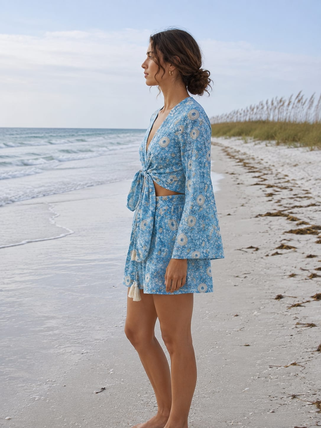 Women’s Blue Floral Printed Cotton Beach Wear Set with Tie-Up Top & Shorts