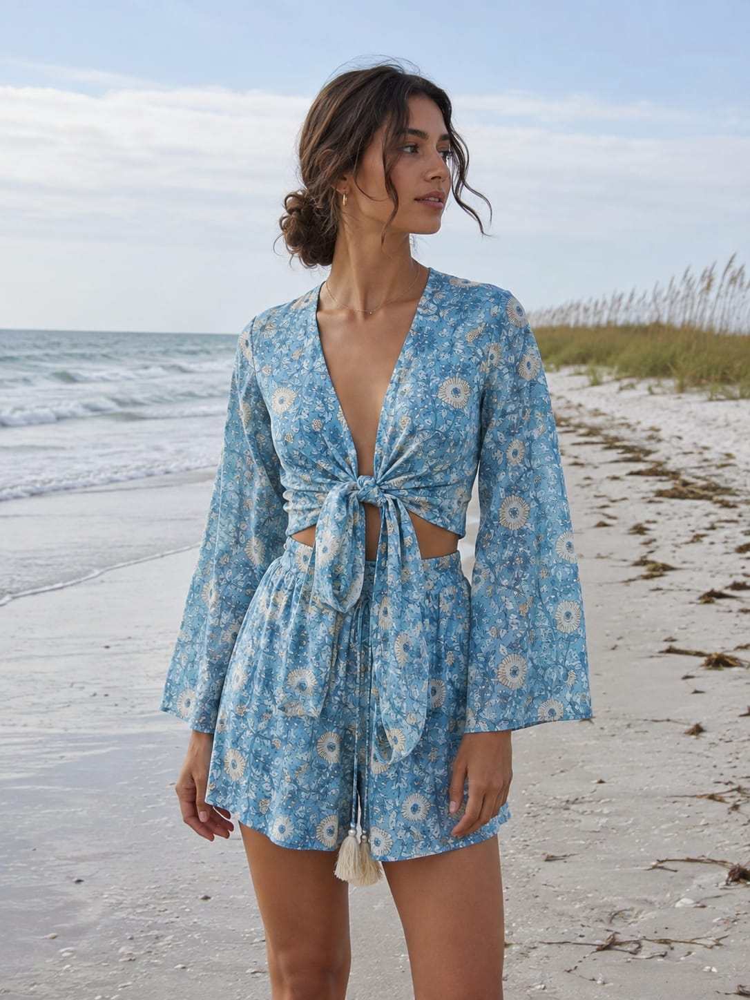 Women’s Blue Floral Printed Cotton Beach Wear Set with Tie-Up Top & Shorts
