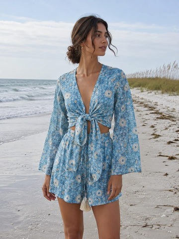 Women’s Blue Floral Printed Cotton Beach Wear Set with Tie-Up Top & Shorts