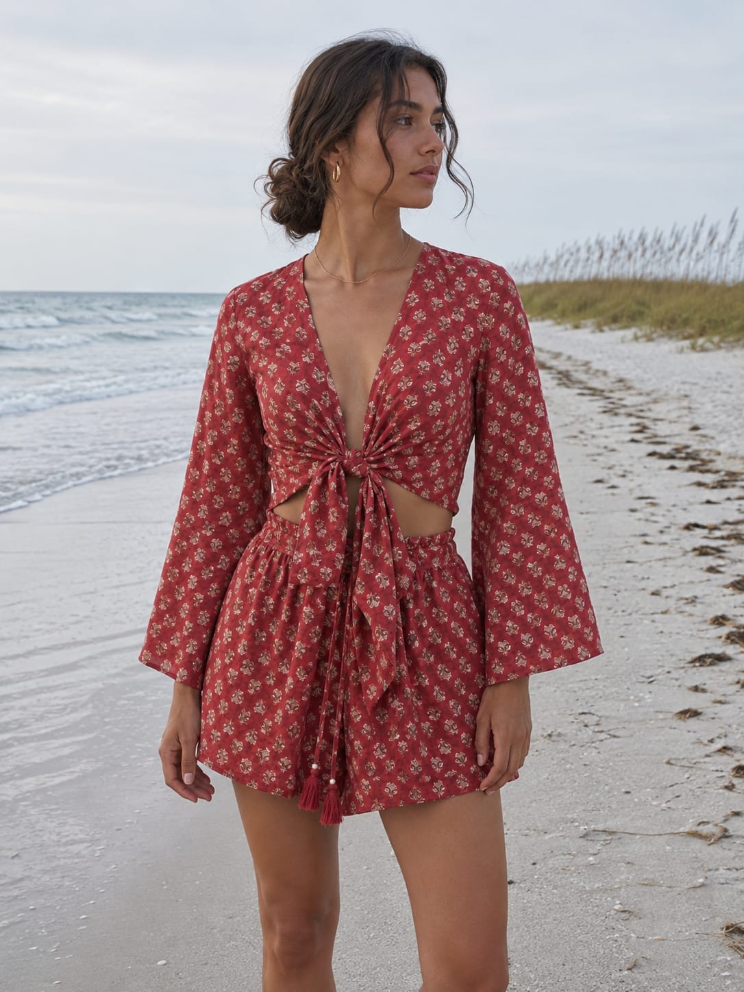 Women’s Rust Red Floral Printed Cotton Beach Wear Set with Tie-Up Top & Shorts