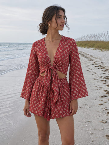Women’s Rust Red Floral Printed Cotton Beach Wear Set with Tie-Up Top & Shorts