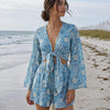 Women’s Blue Floral Printed Cotton Beach Wear Set with Tie-Up Top & Shorts